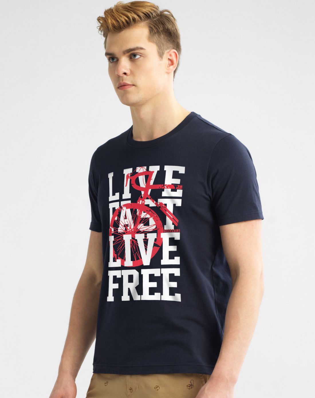 标志海军蓝色 创意图案字母印花纯棉修身短袖t恤