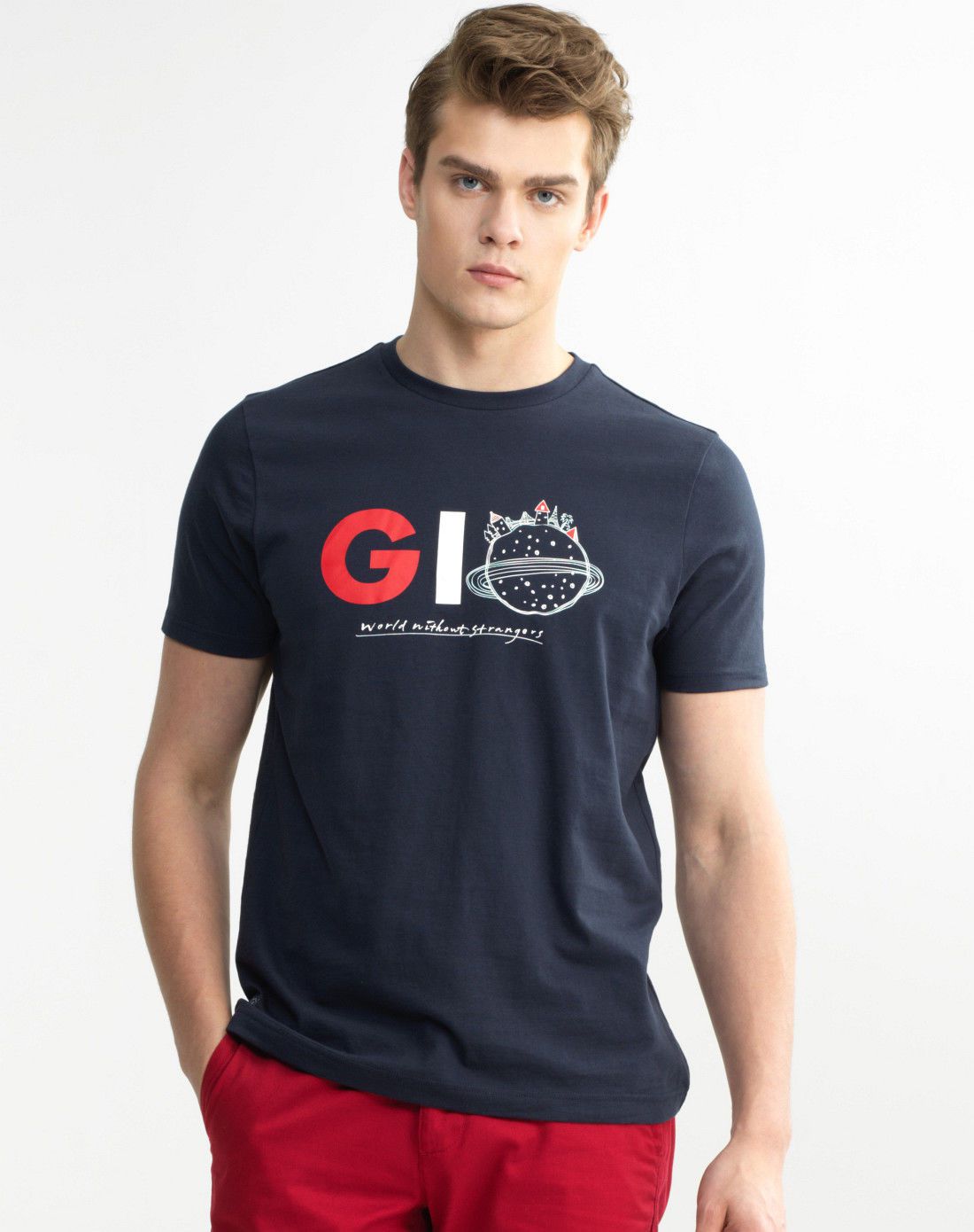 标志海军蓝色 可爱一家品牌字母印花纯棉修身短袖t恤