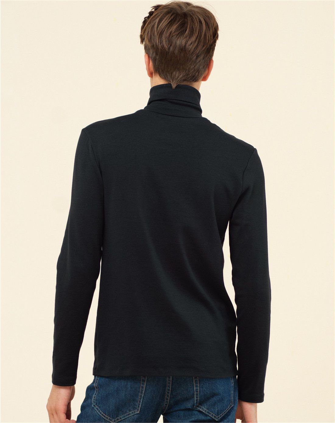 标志黑色 厚实纯色弹力棉长袖高领t恤