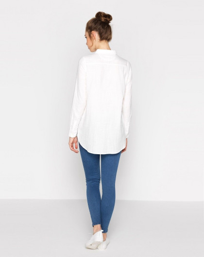 雪白色 双面色织纯棉半开襟长袖衬衫