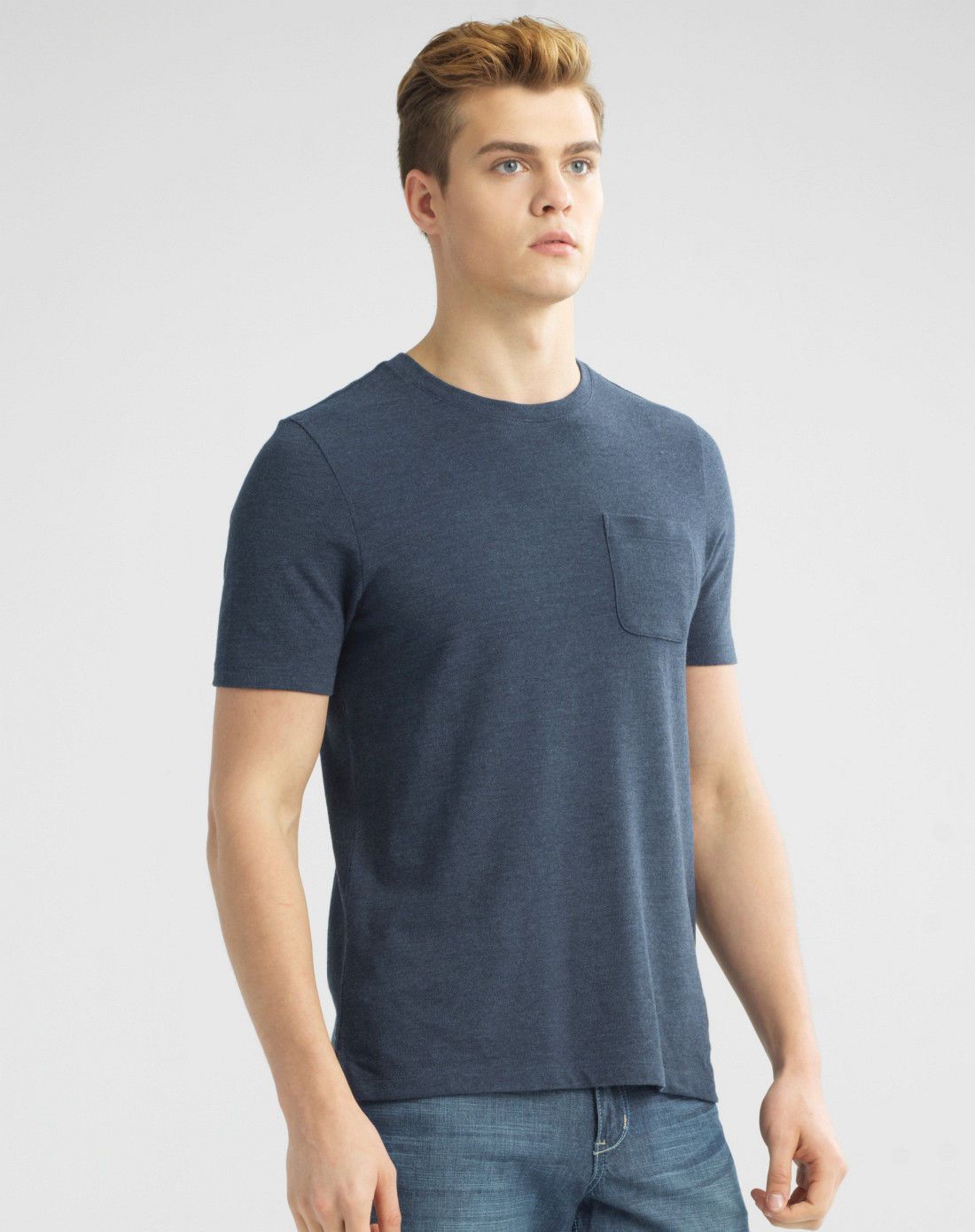 双绞蓝白色 珠地棉布素色单标袋修身短袖t恤