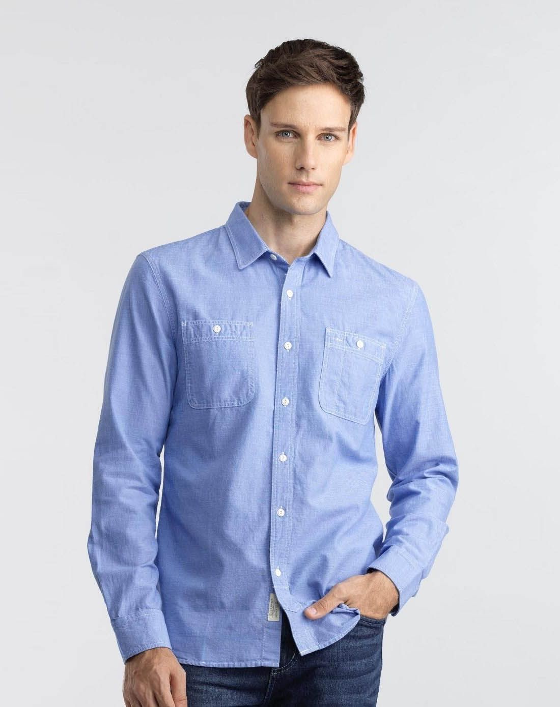 浅蓝色 纯棉青年布修身工装长袖衬衫