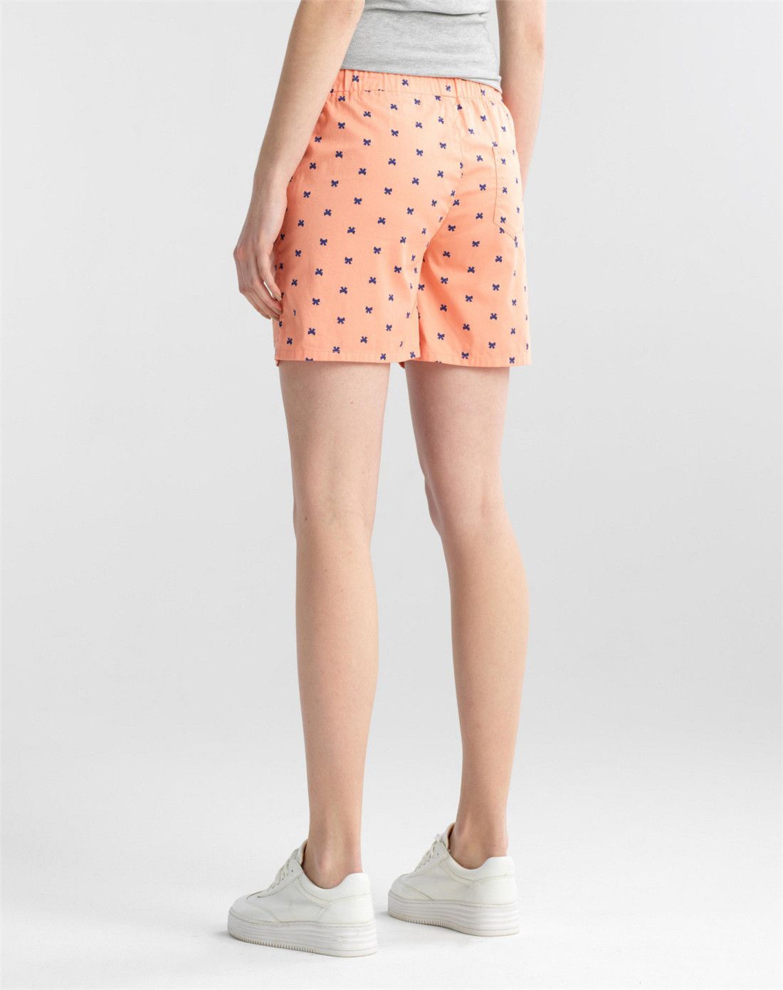 桃子橙色 精致印花纯棉抽绳腰头休闲短裤