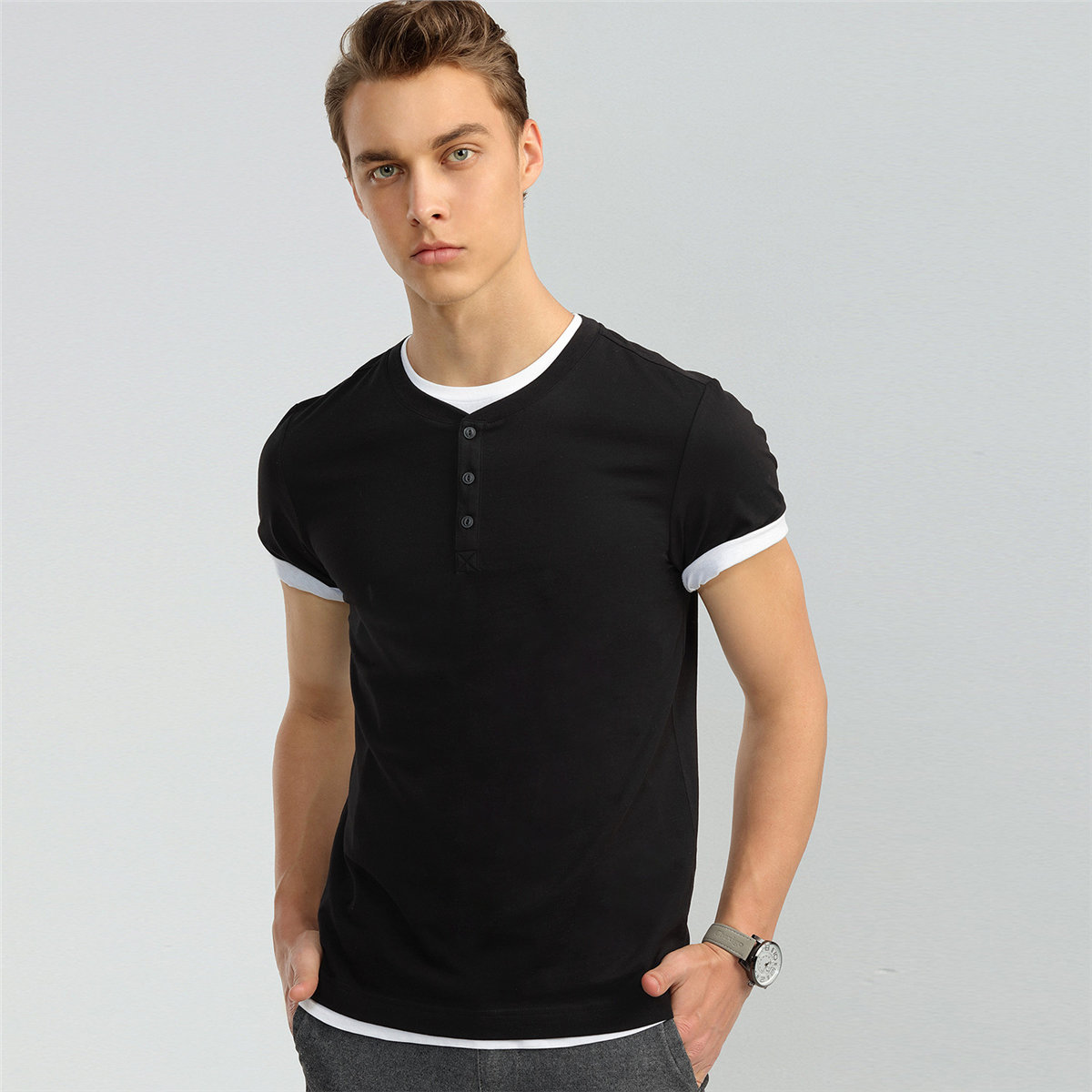 拼色前筒亨利领短袖t恤男士