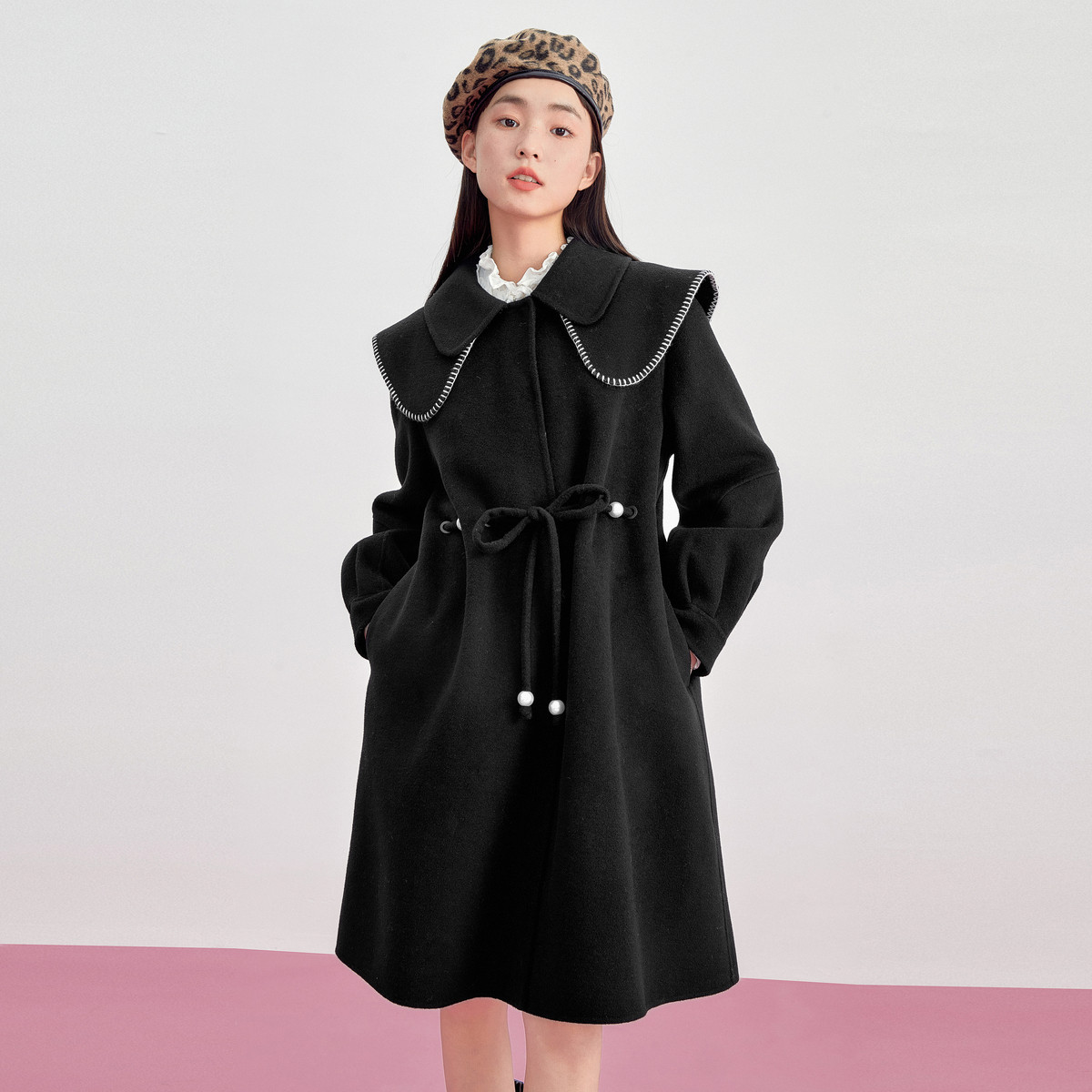 乐町收腰翻领大衣秋冬女双面呢羊毛黑色毛呢外套