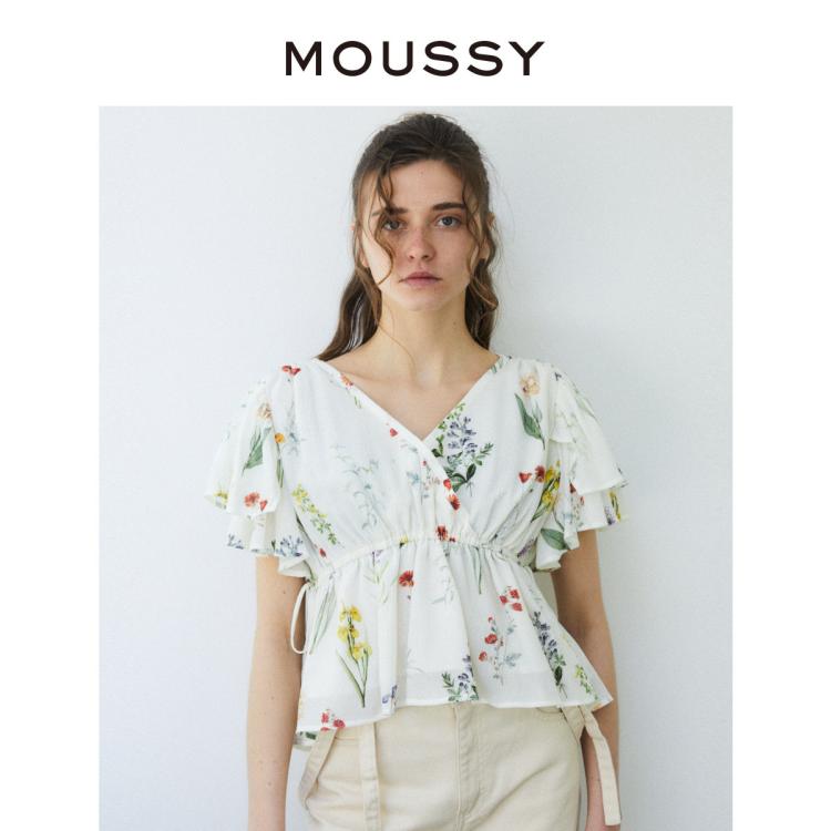 Moussy 春季新品田园风印花深v领荷叶袖衬衫c10fam30-2550 In White