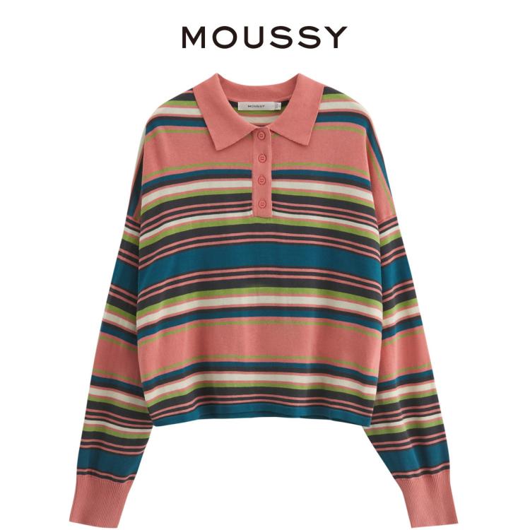 MOUSSY 春夏新品新款复古条纹撞色针织T恤028GA470-5040