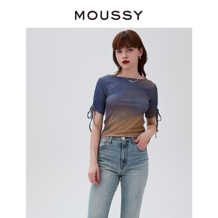 Moussy 夏季新款扎染渐变抽褶系带针织短袖010gs790-0360 In Blue