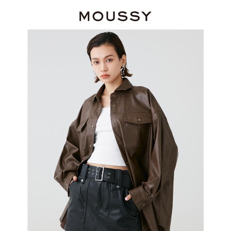 Moussy 明星同款秋季女士酷帅街头风皮衣外套028hsz30-0531 In Brown