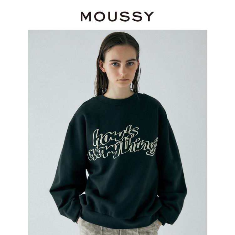 Moussy 秋季字母植绒印花宽松套头卫衣010ea790-5850 In Green