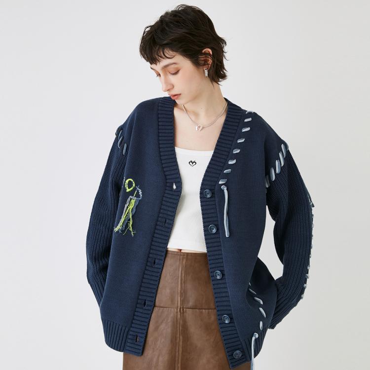 Moussy 秋季非正式学院风撞色缝线针织开衫028hs970-0241 In Blue