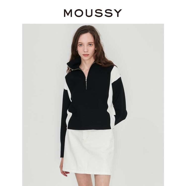 Moussy 秋季休闲撞色复古立领拉链针织衫女010fas70-6370 In Black