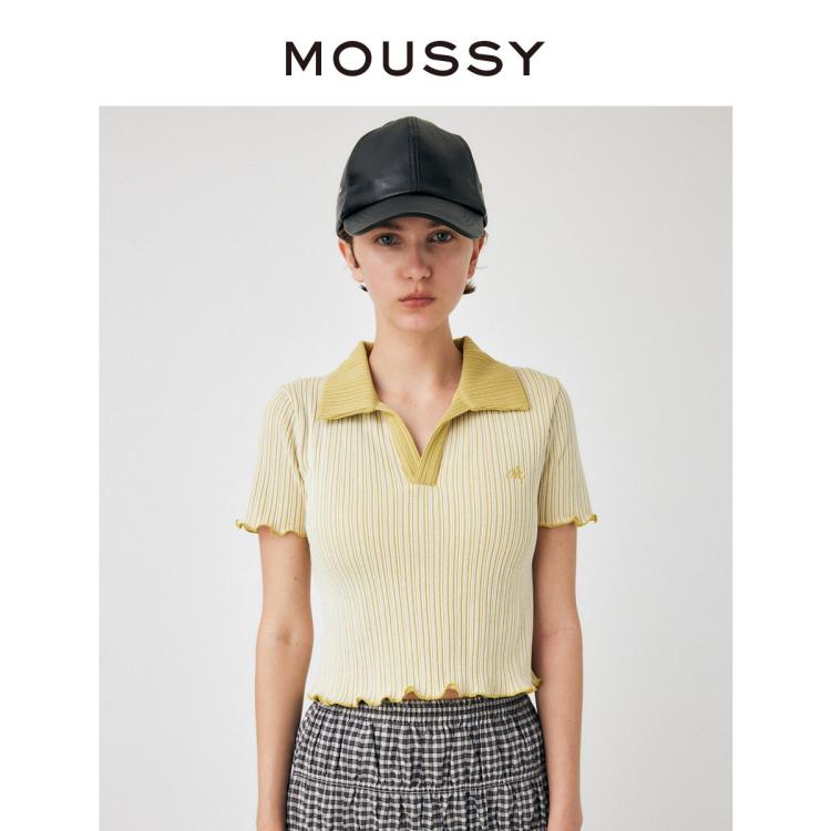 Moussy 夏季新款甜美可爱小刺绣针织短袖t恤010gal90-5320 In Yellow
