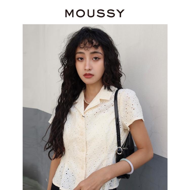 Moussy 春季新品通勤淑女镂空泡泡袖短袖衬衫028fs730-0350 In White