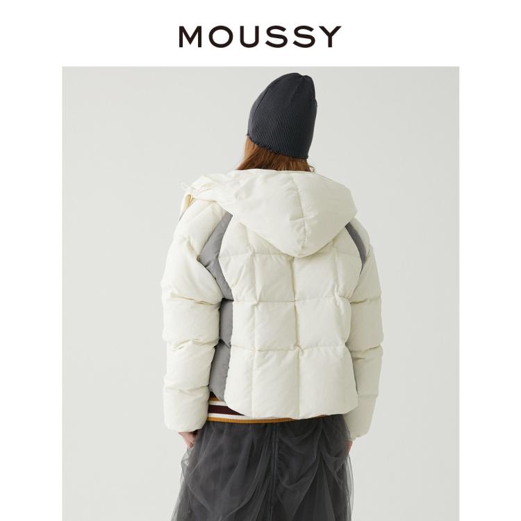 MOUSSY 秋季休闲风白灰拼色连帽短款羽绒服028GAZ30-6100