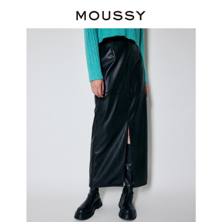 Moussy 秋季摇滚风大开叉皮质一步裙半身裙010fa730-7120 In Blue