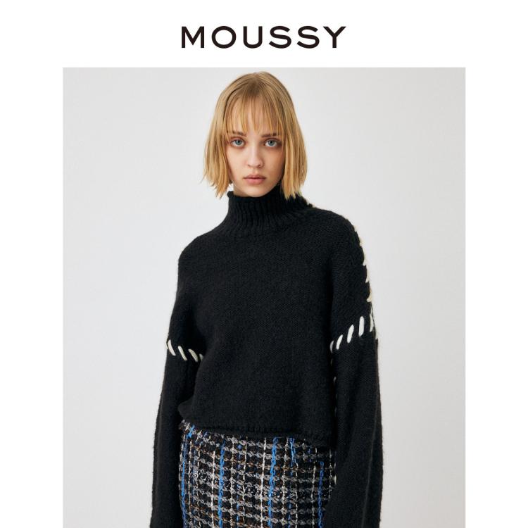 Moussy 初秋短款撞色缝线小个子毛绒毛衣010gag70-5730 In Black