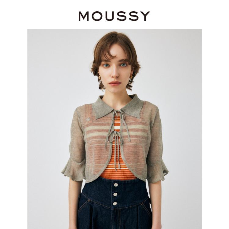 Moussy 夏季新款甜美风微透花边袖系带衬衫010gs770-0730 In Gray