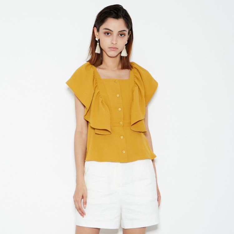 Moussy 夏季新品甜美法式方领高腰无袖罩衫010ea230-6320 In Yellow