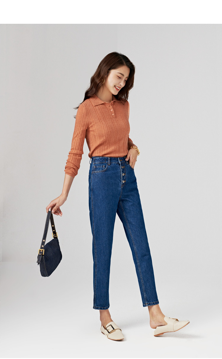 复古排扣牛仔裤女高腰显瘦宽锥形牛仔裤女