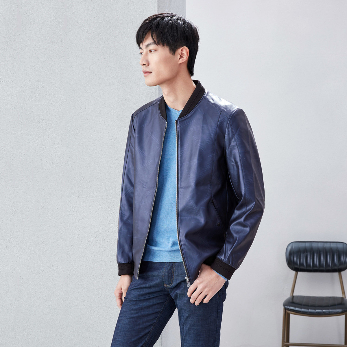 hla海澜之家2019春季新款男士时尚花纹棒球领pu皮夹克/外套hwjad1r050