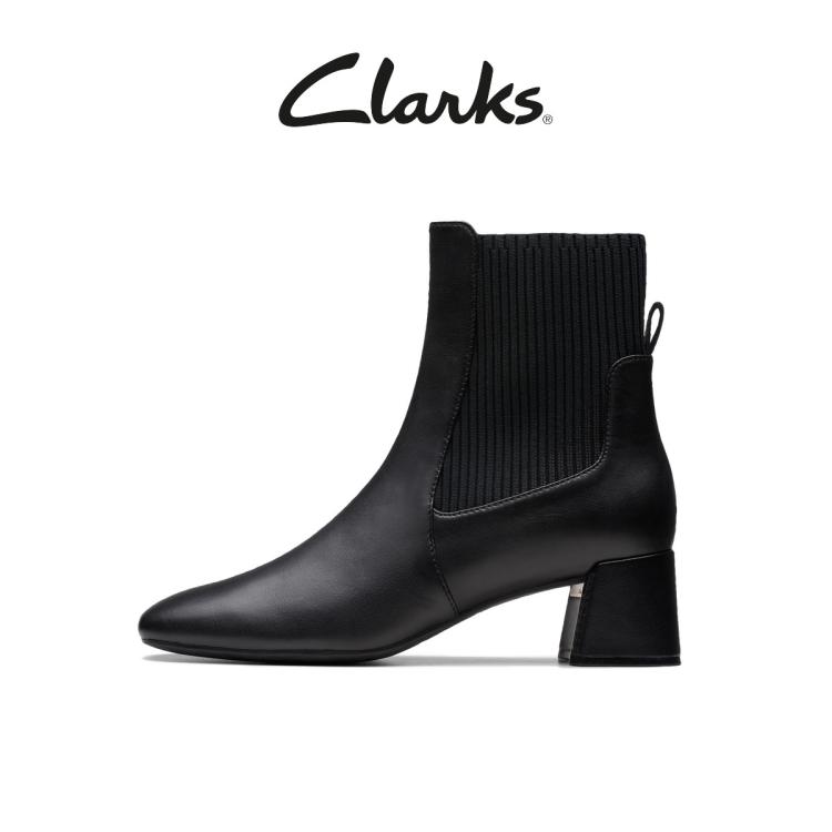 CLARKS clarks Clarks其乐新品女士秋冬时尚梯形方跟羊皮拼接中筒袜靴 6921178610687577623