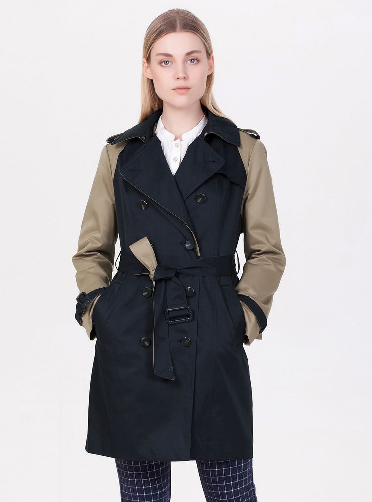 舒朗【专柜同步】 中长款风衣外套拼色翻领开襟女士大衣