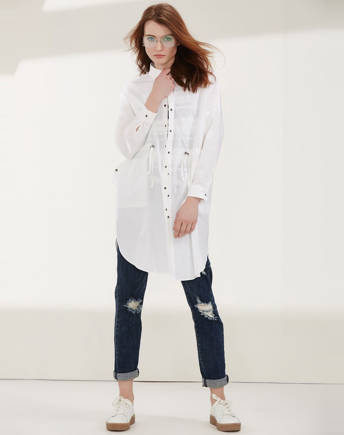 舒朗【weekend休闲系列】气质百搭纯色棉质中长款休闲衬衫女