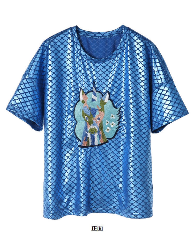 2019夏季新款休闲圆领贴布绣花鱼鳞片舒适百搭圆领短袖t