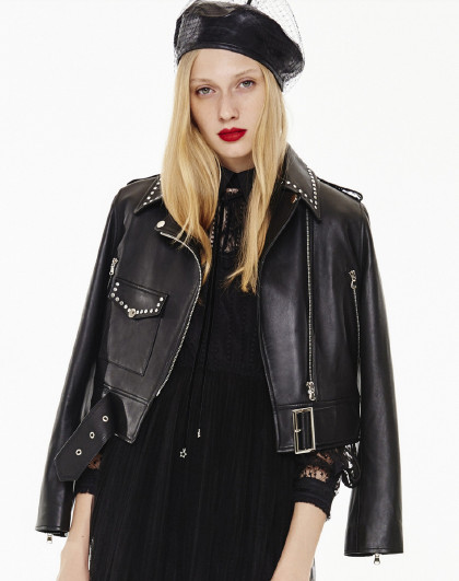 【商场同款】2019春新款摩登复古柳丁短款皮衣外套机车服