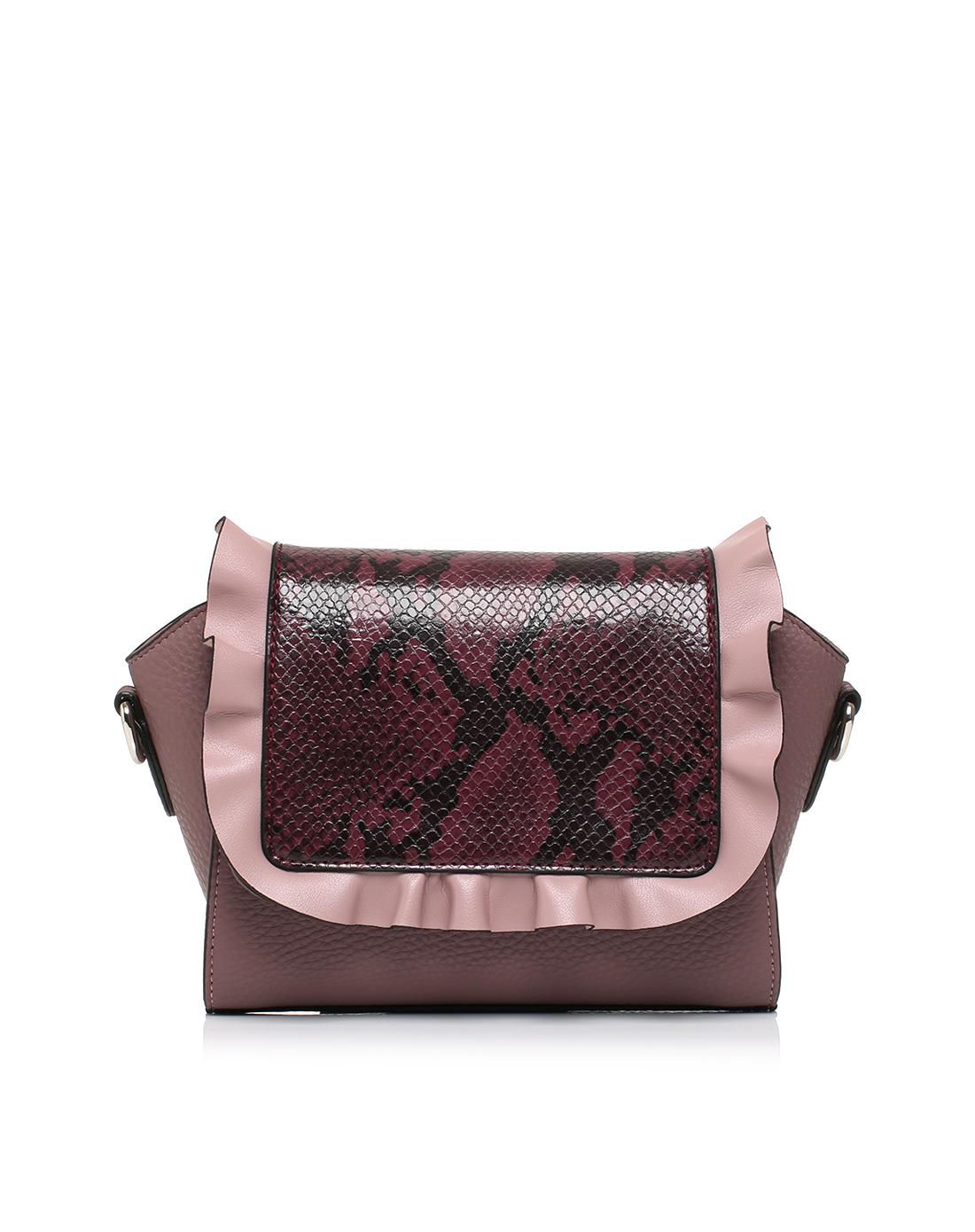 妙丽新款粉/啡蛇纹荷叶边时尚人造单肩斜挎包
