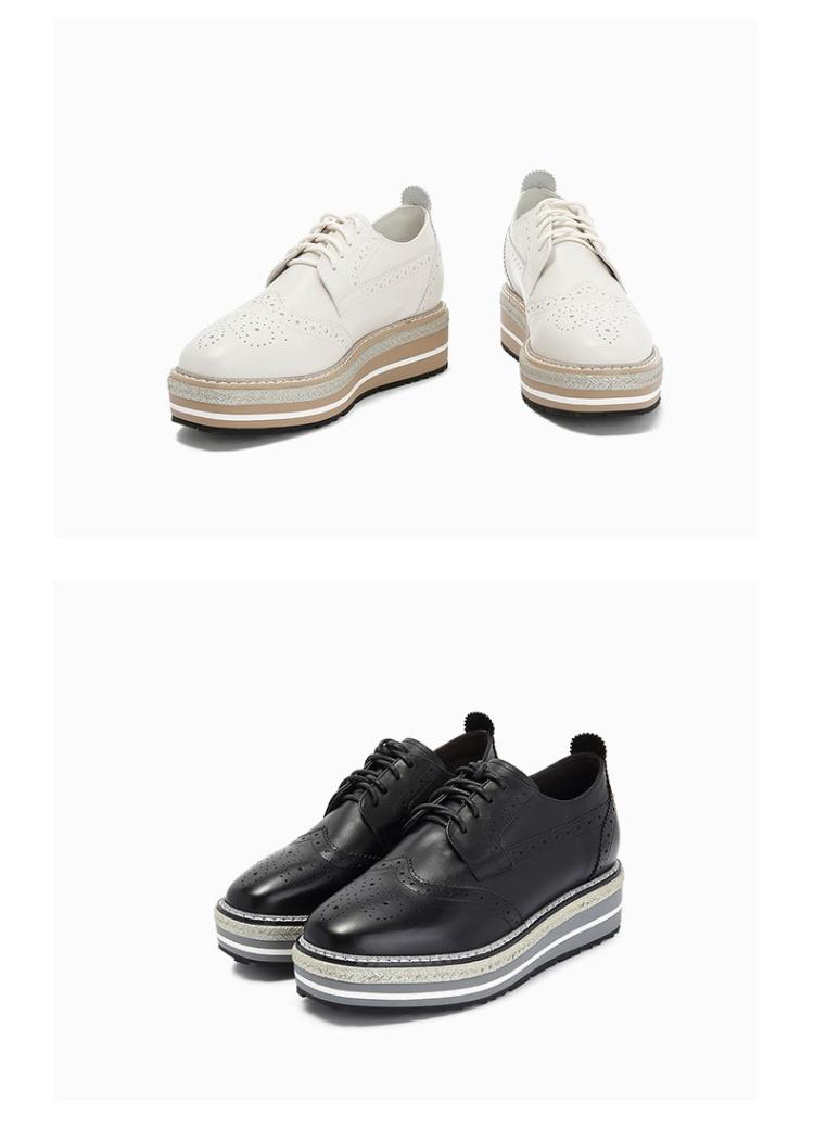 百丽松糕鞋2018秋专柜新牛皮革雕花布洛克鞋女单鞋黑色