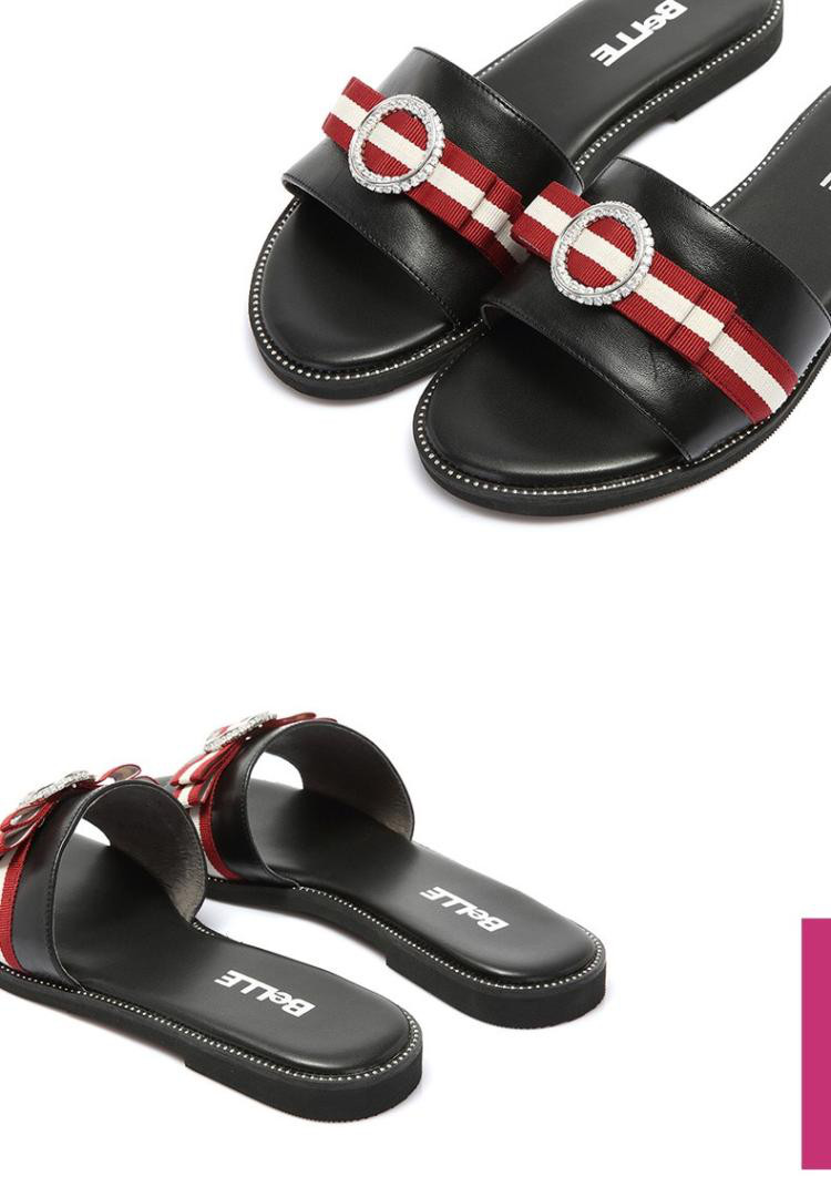 百丽2018夏季新款专柜同款羊皮革女平跟撞色蝴蝶结休闲凉拖白色