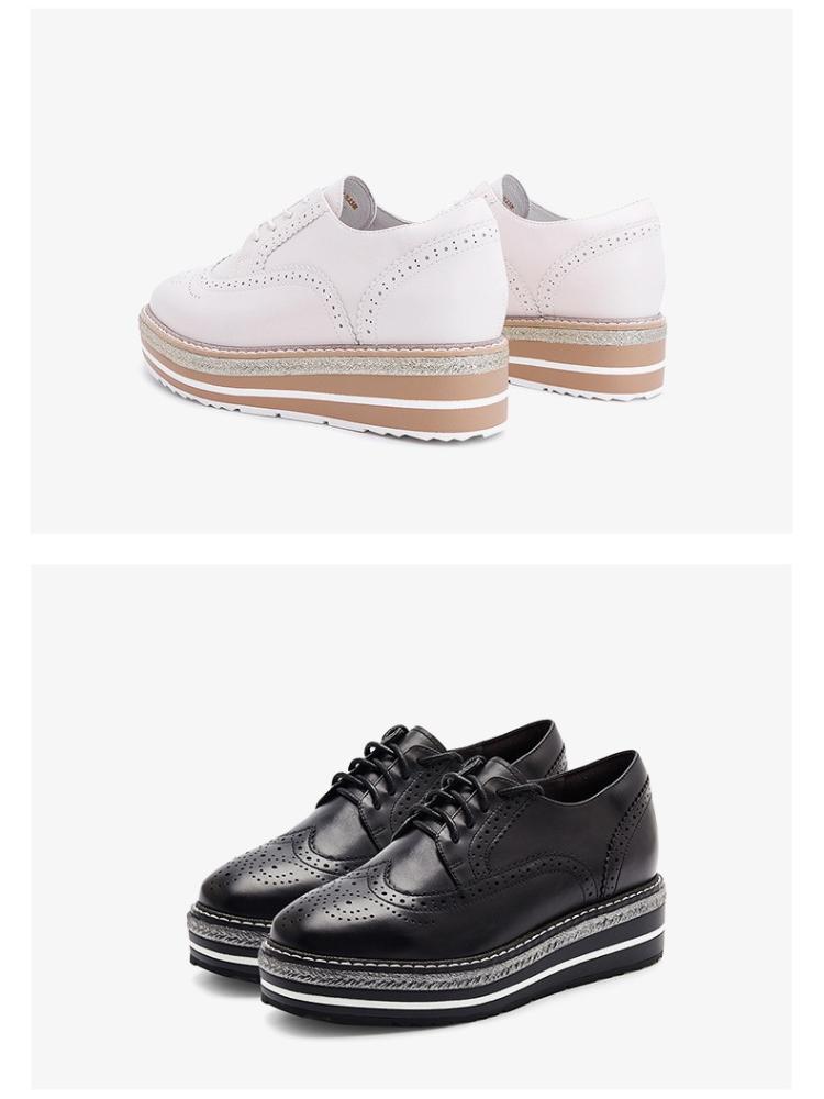 百丽2018秋季新款油皮牛皮革雕花布洛克厚底松糕鞋女单鞋黑色