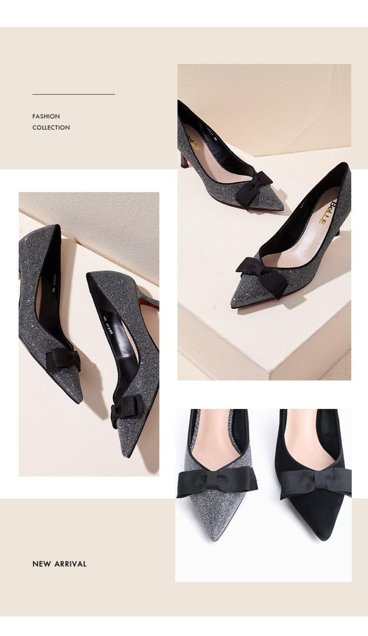 百丽2018秋专柜新款亮线布ol通勤尖头细高跟女单鞋浅黑