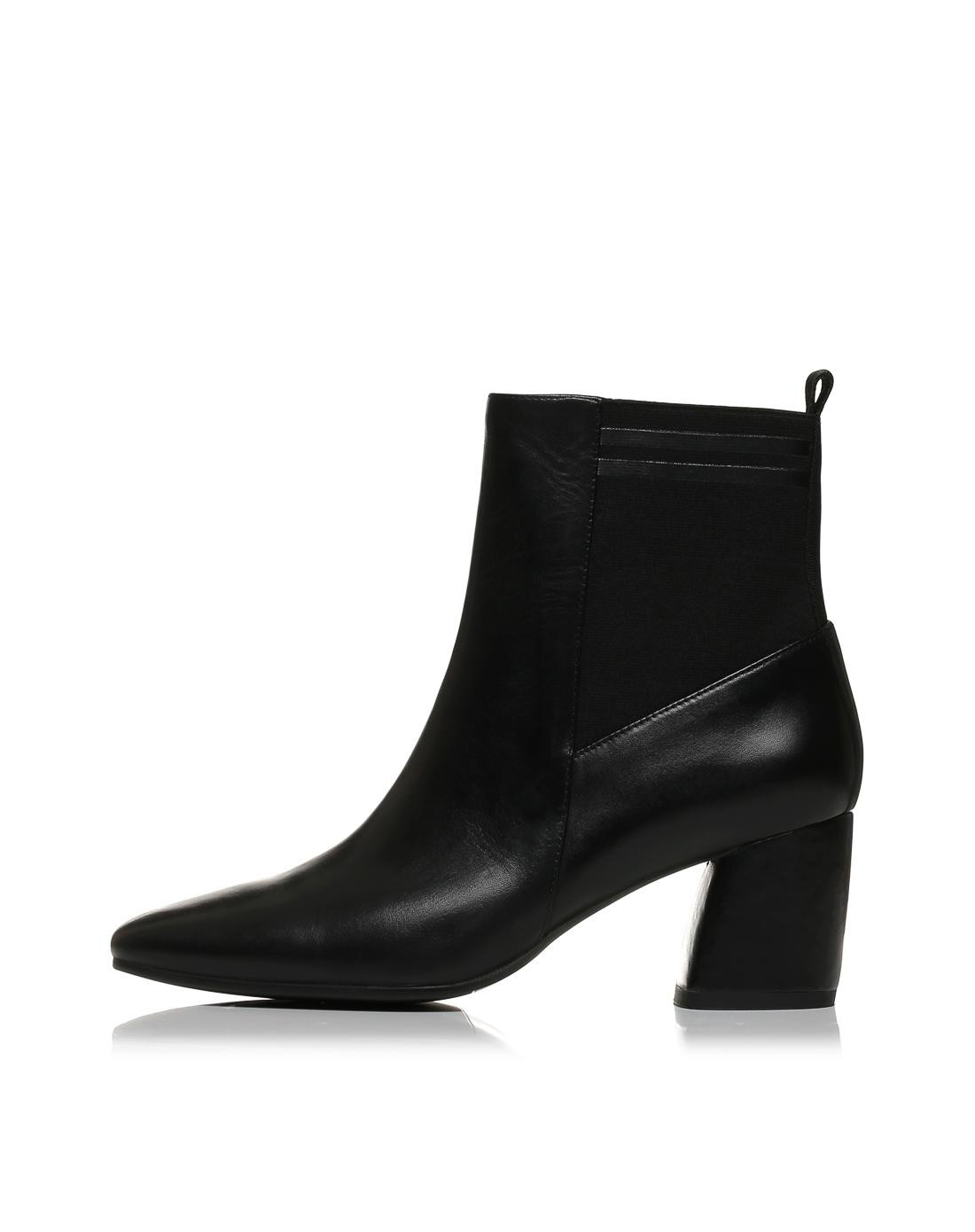 思加图 冬季专柜同款牛皮时尚方头粗跟短筒女皮靴(黑色)