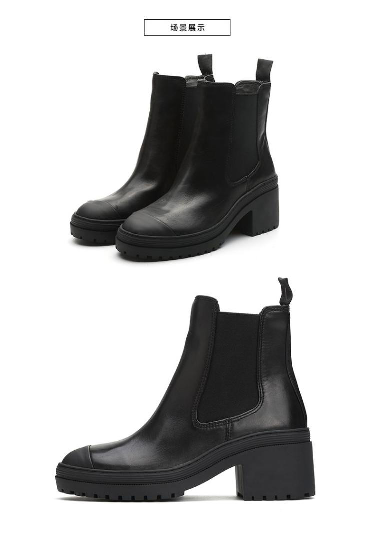 思加图 冬季专柜同款牛皮时尚拼接粗跟短筒女皮靴(黑色)