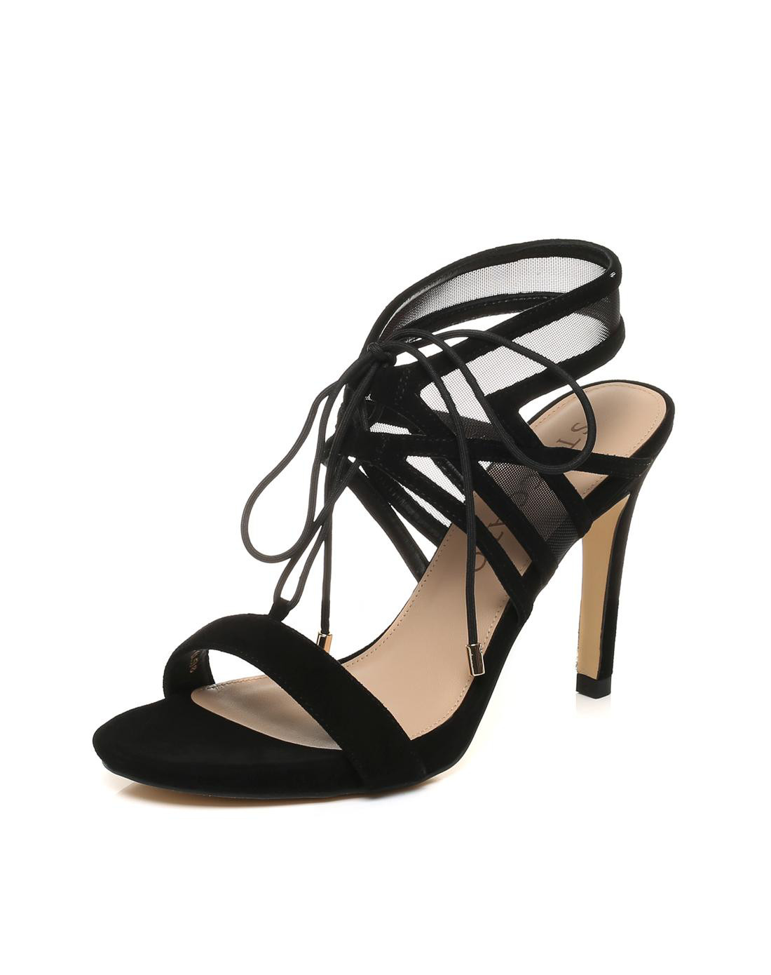 思加图 夏季专柜同款优雅绑带细跟女皮凉鞋黑色