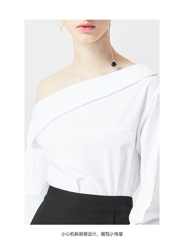 春秋装新款欧美长袖斜肩绑带宽松露肩衬衫女