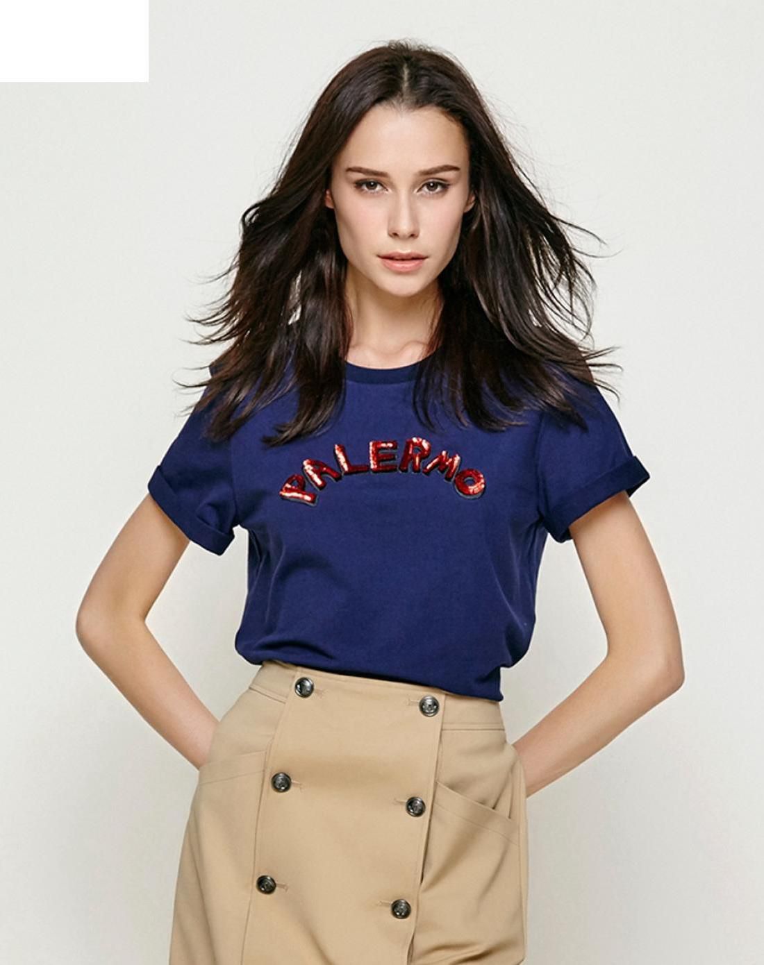 棉质字母宽松短袖t恤深蓝