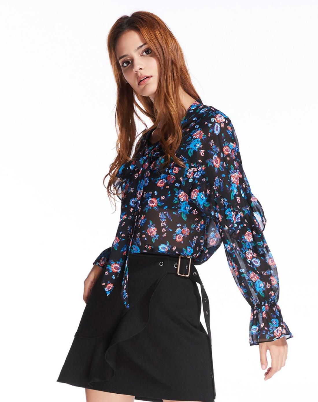 five plus女装专场-春上新 five plus女春装碎花雪纺衫女长袖荷叶边