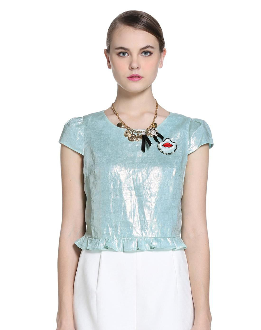 five plus麻质纯色宽松短袖衬衫2152013200560_唯品会