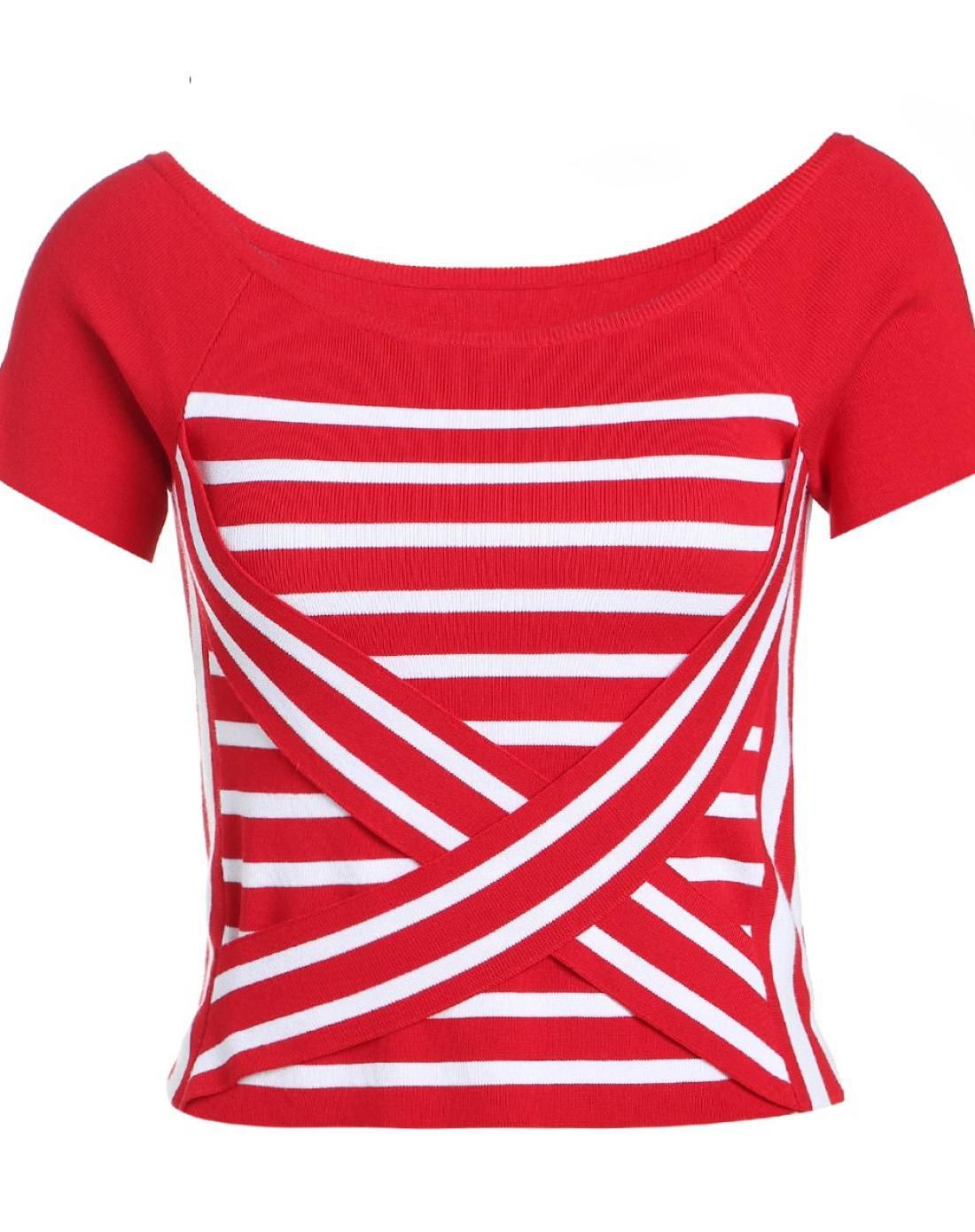 条纹露肩短袖针织衫红白条