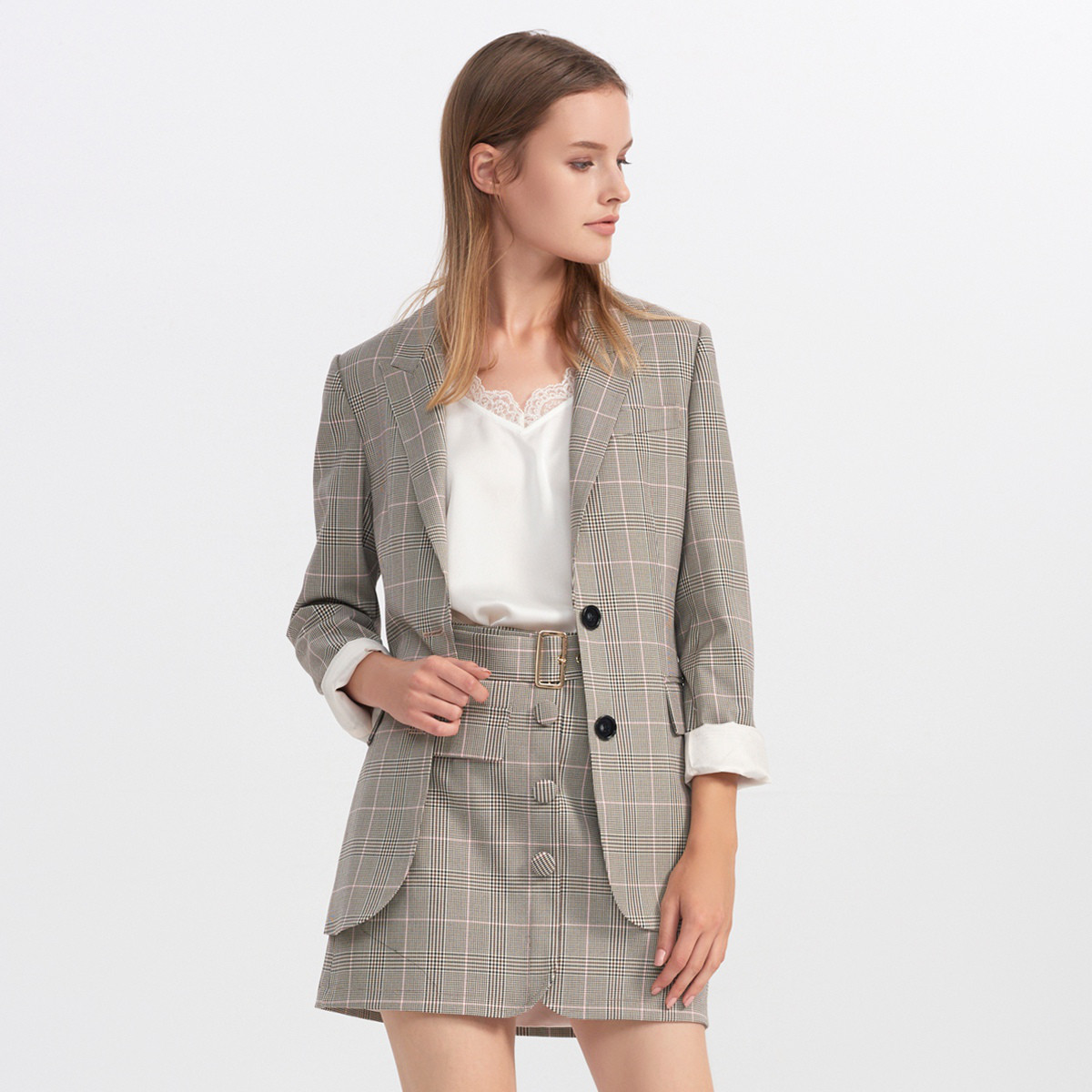 five plus2019新款女春装格子西装外套女中长款宽松长袖翻领chic