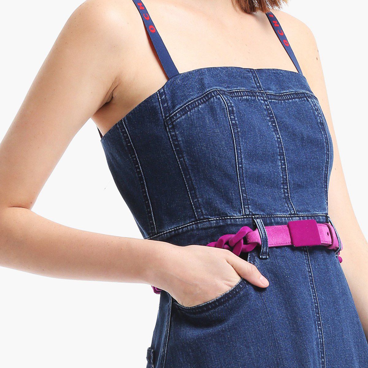 ochirly欧时力2018新女夏装拼接肩带收腰背带裙牛仔裙1gy2086760