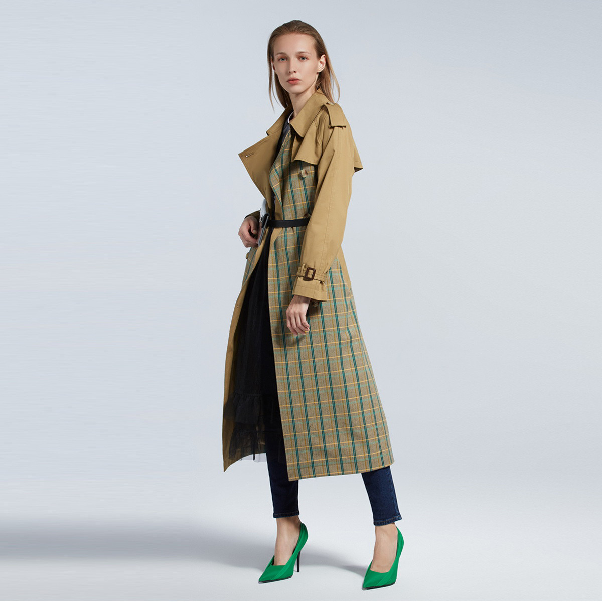 【唯品会】 欧时力ochirly欧时力2019新款春装格子腰带排扣长风衣外套