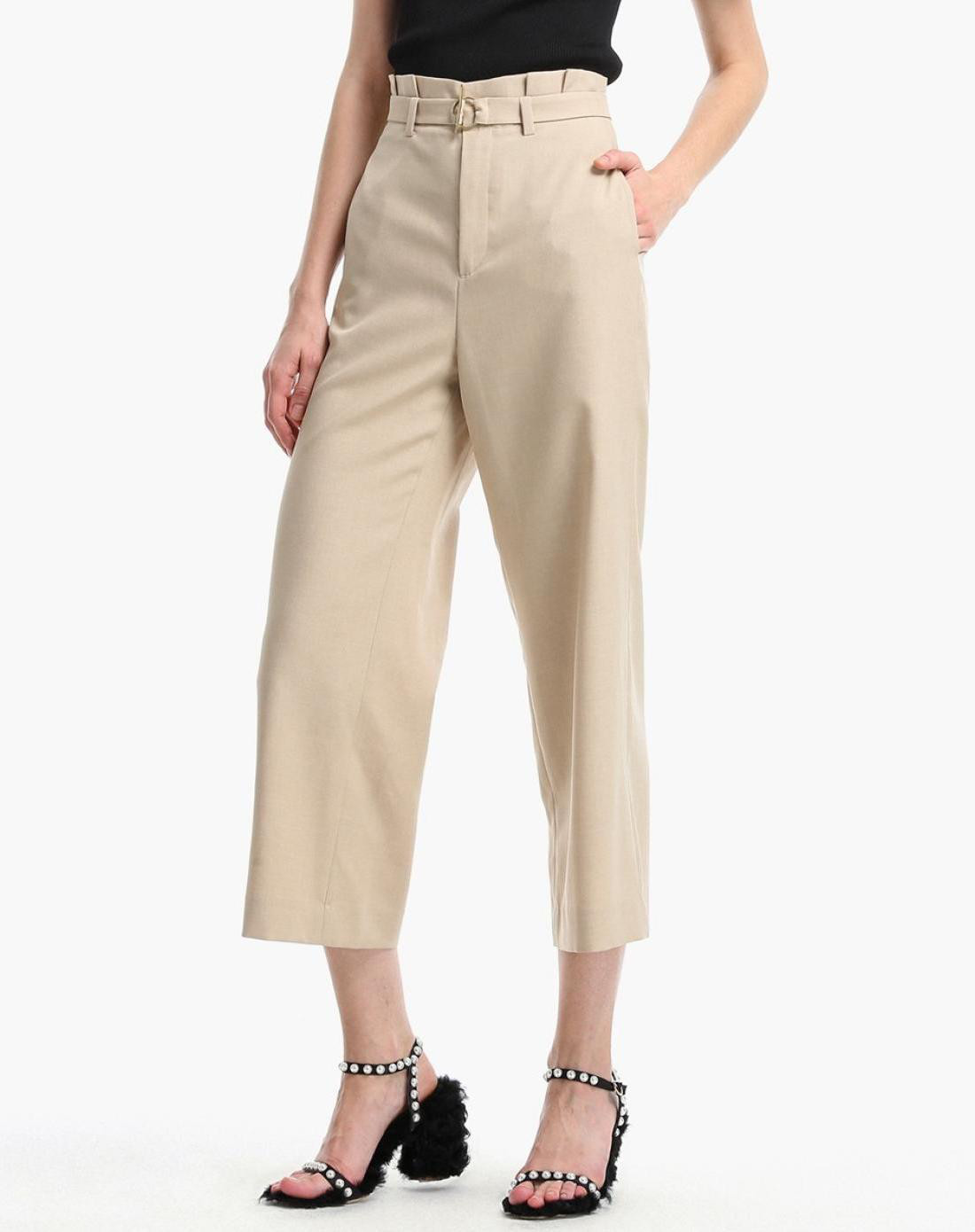 荷叶褶腰带阔腿裤