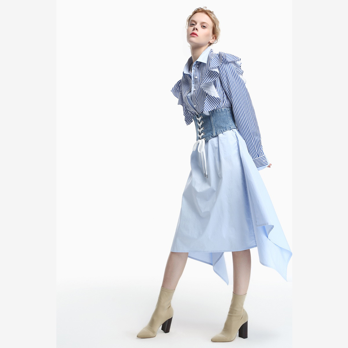 ochirly欧时力新女装优雅摩登条纹荷叶边棉质长袖衬衫1jh3017760