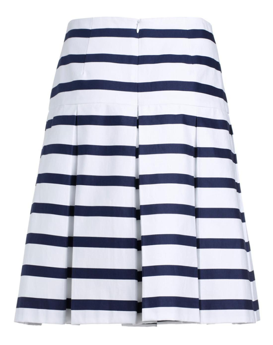 高腰条纹压褶棉质半裙蓝白条