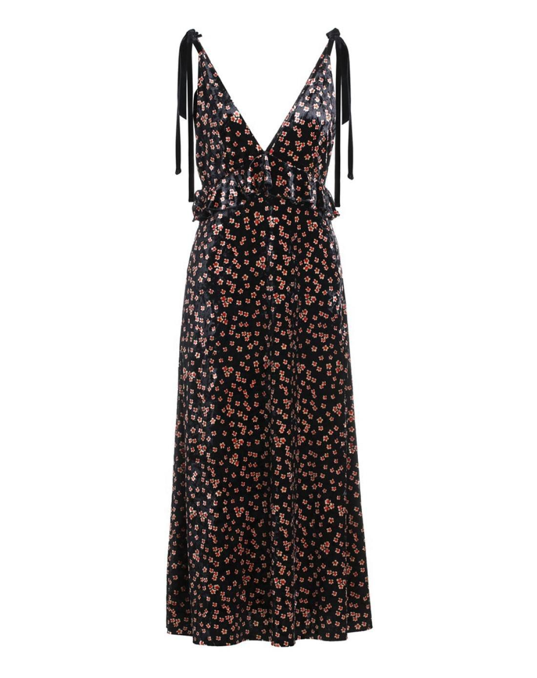 ochirly女装专场 ochirly欧时力新女秋装丝绒印花荷叶边吊带连衣裙1jy